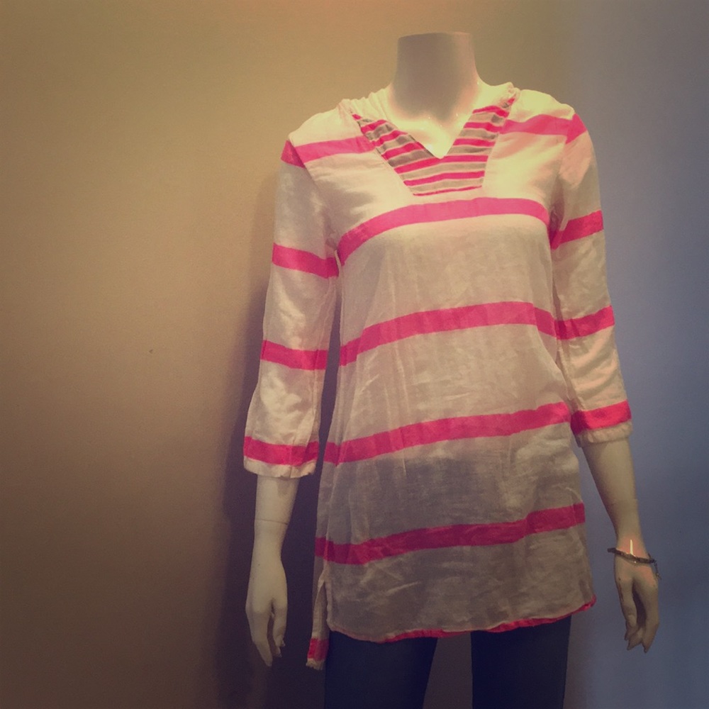 Pink and White Stipped Flowy Hoodie Top